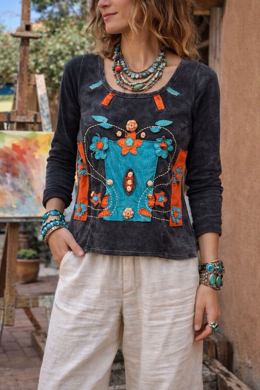 Art Studio Produce Y2K Boho Patchwork Top Cotton Appliqué Size Small